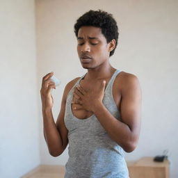 An individual suffering from an asthma attack, clutching their chest and reaching for their inhaler. The setting is a room with a visible aura of concern and urgency.