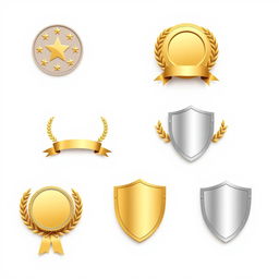 A collection of simple and elegant award shields in various designs, featuring classic elements like stars, laurel leaves, and ribbons