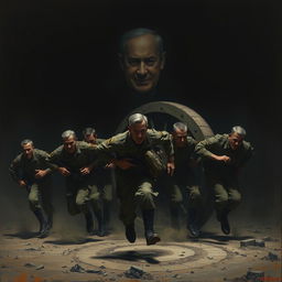 A dark and surreal scene depicting exhausted soldiers running on a giant, ominous wheel, each one showing extreme fatigue and strain as they push themselves to their limits