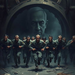 A dark and intense scene portraying exhausted soldiers running inside a massive, looming wheel, each soldier displaying signs of physical and mental fatigue as they struggle to maintain their relentless pace