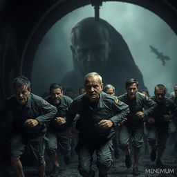 A dark and intense scene showing exhausted soldiers running inside a massive wheel, akin to trapped rats