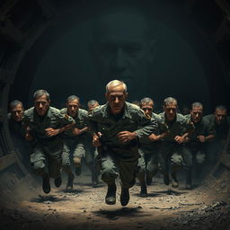 A dark and intense scene showing exhausted soldiers running inside a massive wheel, akin to trapped rats