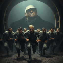 A dark and intense scene showing exhausted soldiers running inside a massive wheel, akin to trapped rats