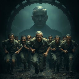 A dark and intense scene showing exhausted soldiers running inside a massive wheel, akin to trapped rats