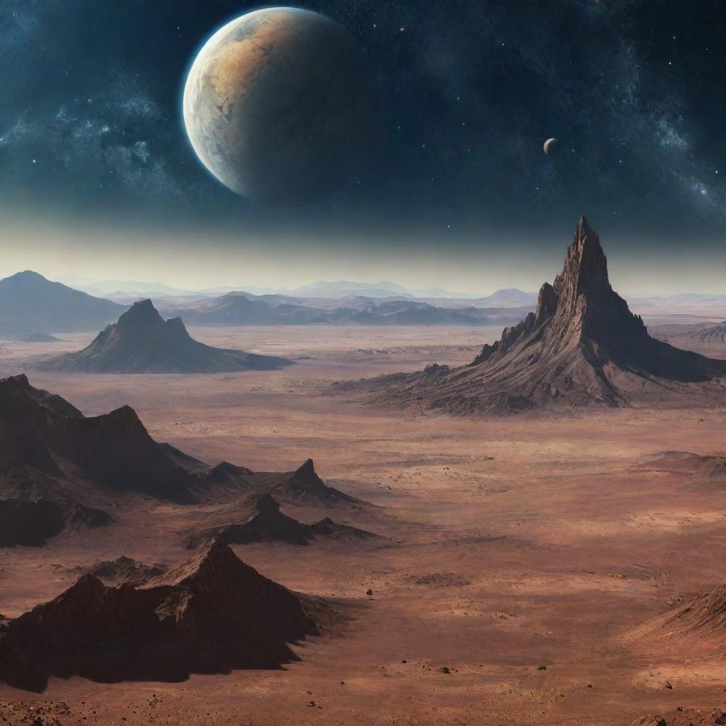 A desertic, alien planet landscape with unusual mountains, with Earth in the star-filled universe sky above.