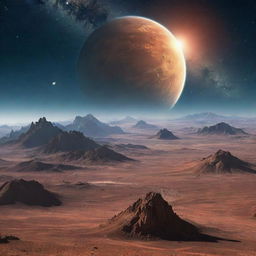 A desertic, alien planet landscape with unusual mountains, with Earth in the star-filled universe sky above.