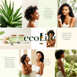 A vibrant and visually appealing moodboard representing EcoLife, a new brand focused on natural cosmetics