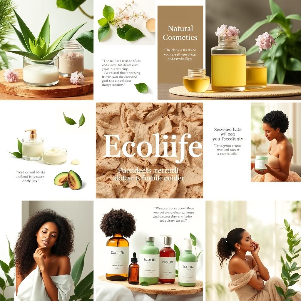 A vibrant and visually appealing moodboard representing EcoLife, a new brand focused on natural cosmetics