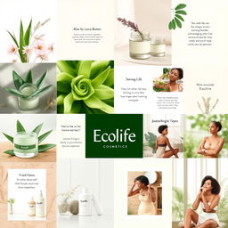 A vibrant and visually appealing moodboard representing EcoLife, a new brand focused on natural cosmetics