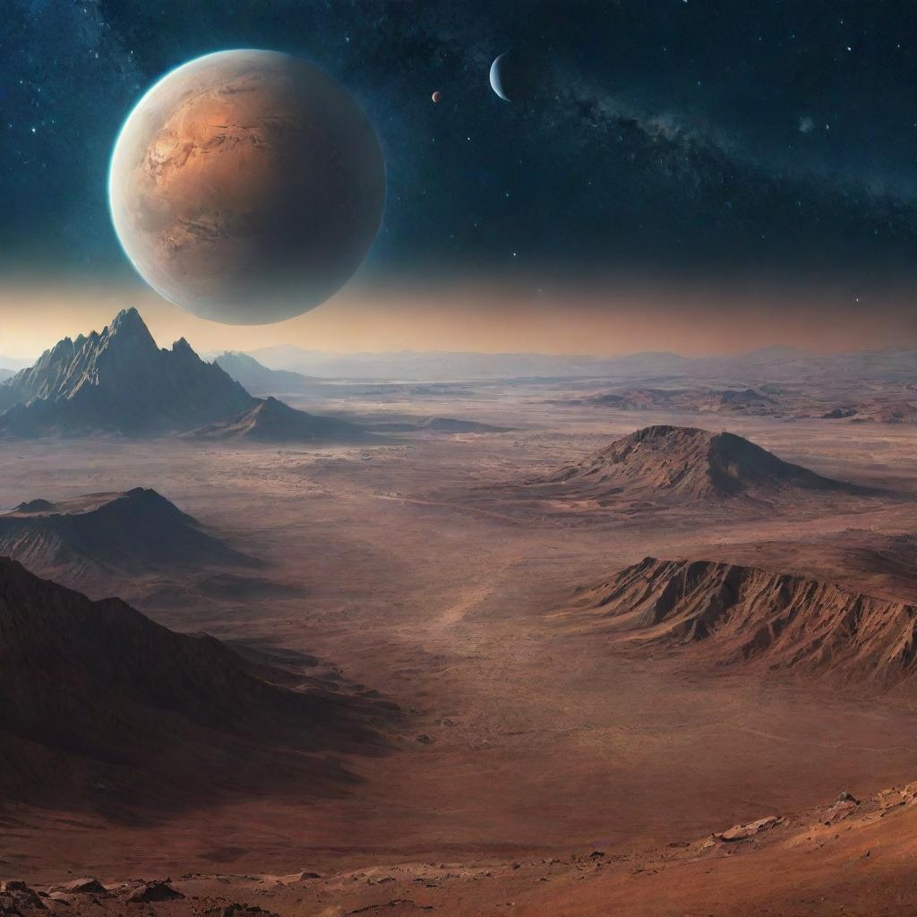 A desertic, alien planet landscape with unusual mountains, with Earth in the star-filled universe sky above.