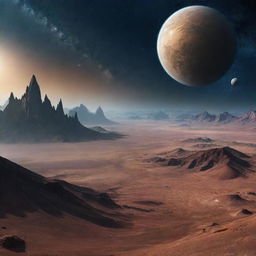 A desertic, alien planet landscape with unusual mountains, with Earth in the star-filled universe sky above.