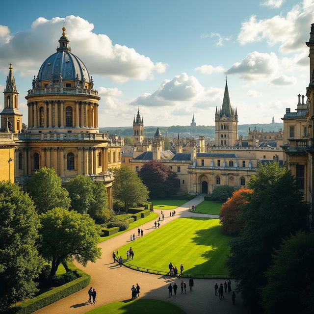 A stunning view of Oxford University, showcasing the iconic architecture of the Bodleian Library and the spires of Christ Church College in the foreground