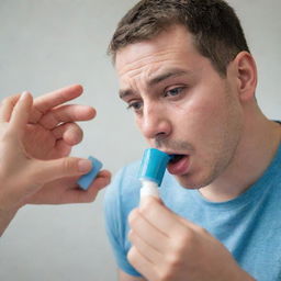 An individual struggling with an asthma attack, perspiration on their forehead as they gasp for air. They are reaching out for their blue inhaler on a nearby table.