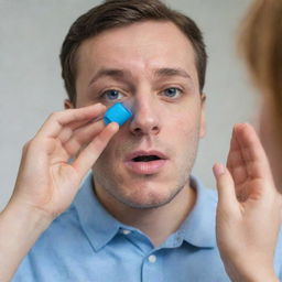 An individual struggling with an asthma attack, perspiration on their forehead as they gasp for air. They are reaching out for their blue inhaler on a nearby table.