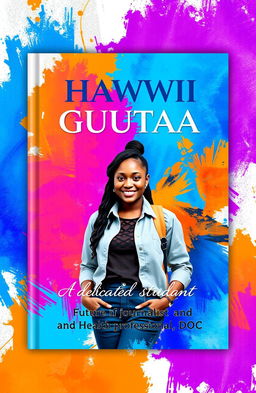 Create a stunning book cover for "HAWWII GUUTAA" featuring an abstract background that includes vibrant colors like electric blue, fiery orange, and vibrant purple, blending together in an artistic manner