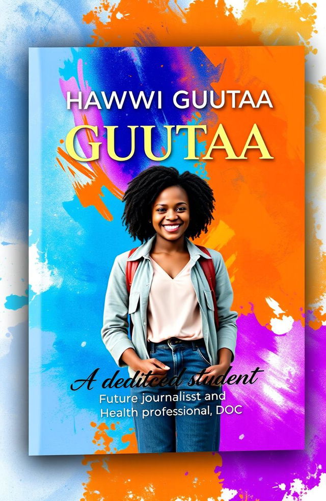 Create a stunning book cover for "HAWWII GUUTAA" featuring an abstract background that includes vibrant colors like electric blue, fiery orange, and vibrant purple, blending together in an artistic manner