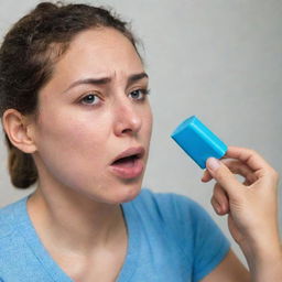 An individual struggling with an asthma attack, perspiration on their forehead as they gasp for air. They are reaching out for their blue inhaler on a nearby table.