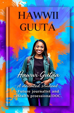 Create a stunning book cover for "HAWWII GUUTAA" featuring an abstract background that includes vibrant colors like electric blue, fiery orange, and vibrant purple, blending together in an artistic manner