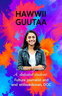 Create a stunning book cover for "HAWWII GUUTAA" featuring an abstract background that includes vibrant colors like electric blue, fiery orange, and vibrant purple, blending together in an artistic manner