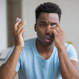 An individual struggling with an asthma attack, perspiration on their forehead as they gasp for air. They are reaching out for their blue inhaler on a nearby table.