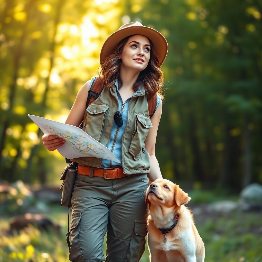 A confident female explorer in her thirties, wearing a rugged outdoor outfit complete with a utility vest, cargo pants, and sturdy hiking boots