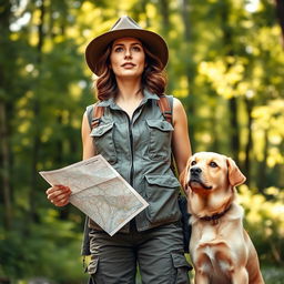 A confident female explorer in her thirties, wearing a rugged outdoor outfit complete with a utility vest, cargo pants, and sturdy hiking boots