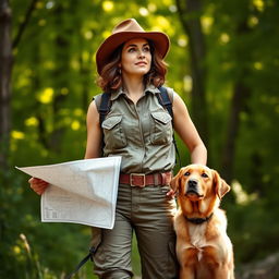 A confident female explorer in her thirties, wearing a rugged outdoor outfit complete with a utility vest, cargo pants, and sturdy hiking boots