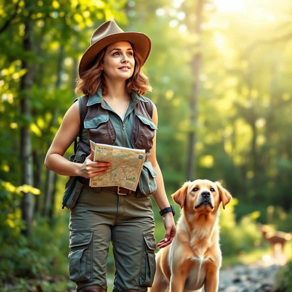 A confident female explorer in her thirties, wearing a rugged outdoor outfit complete with a utility vest, cargo pants, and sturdy hiking boots