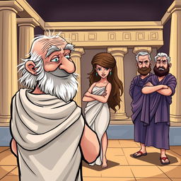 A caricature-style poster depicting an ancient Greek theater scene