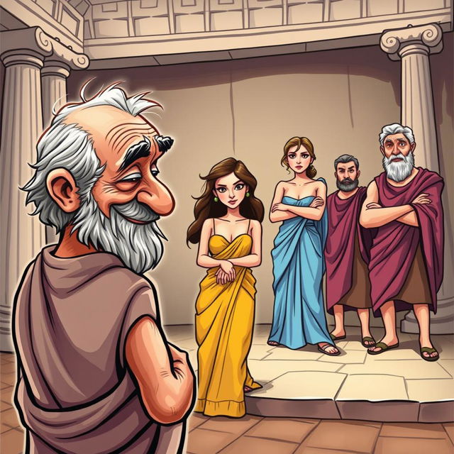 A caricature-style poster depicting an ancient Greek theater scene