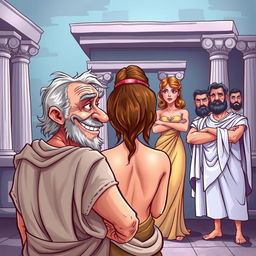 A caricature-style poster depicting an ancient Greek theater scene