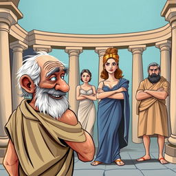 A caricature-style poster depicting an ancient Greek theater scene