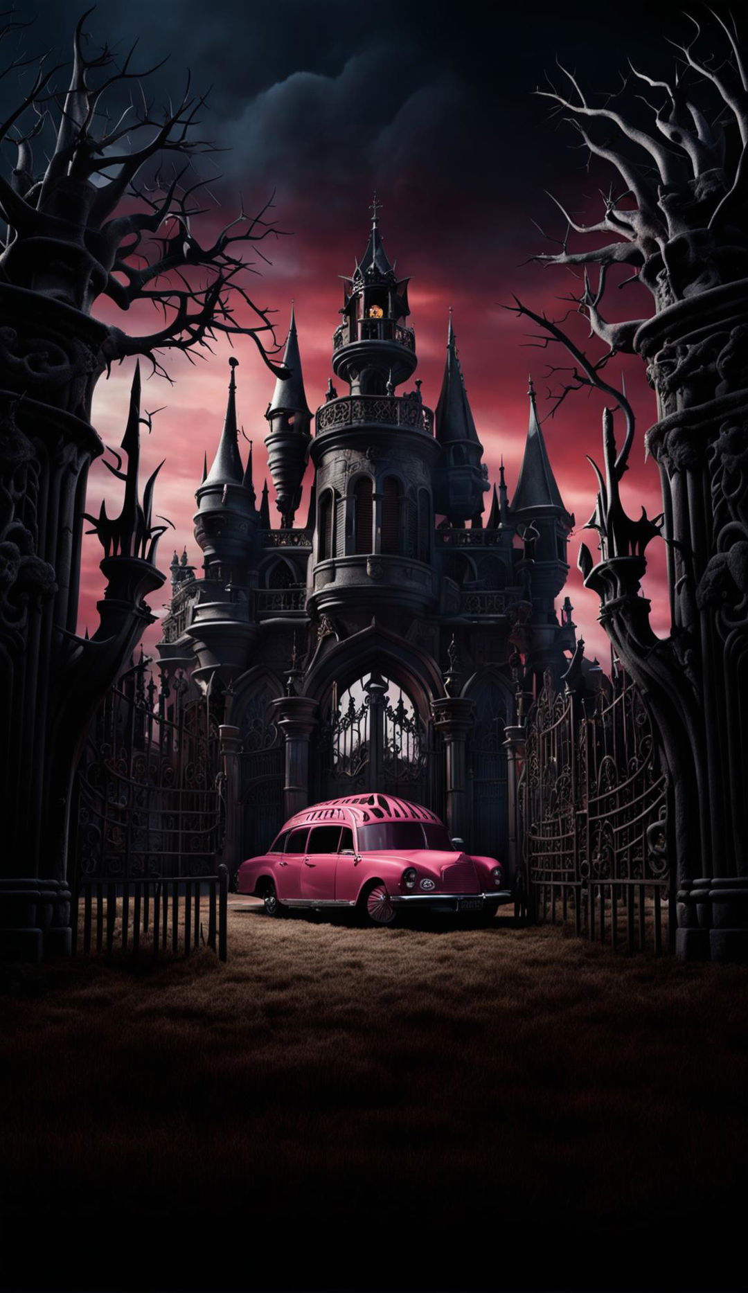 A HD cinematic photograph of a Wednesday Addams-style gothic estate at dusk with open iron gates, gargoyles, lit windows, dead trees and grass, and a Barbie-pink hearse parked in front.