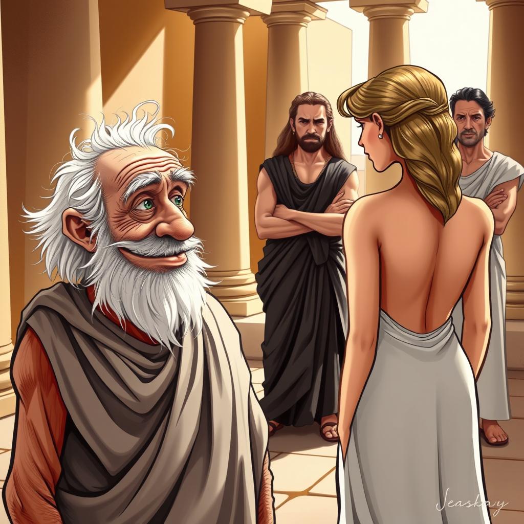 A humorous caricature-style poster depicting a scene from a Greco-Roman comedy