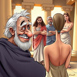 A humorous caricature-style poster depicting a scene from a Greco-Roman comedy