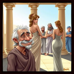 A humorous caricature-style poster depicting a scene from a Greco-Roman comedy