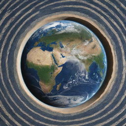 The planet Earth from space, being circled by a stripe of patterned fabric