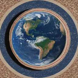 The planet Earth from space, being circled by a stripe of patterned fabric