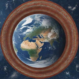 The planet Earth from space, being circled by a stripe of patterned fabric