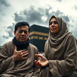 A wide shot of a husband and wife, Didi and Lila, kneeling in front of the towering Ka'bah, which looms in the background under a dark and ominous sky