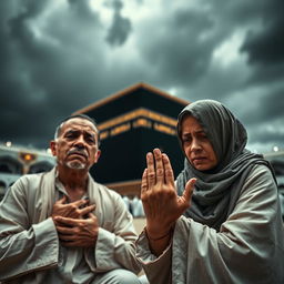 A wide shot of a husband and wife, Didi and Lila, kneeling in front of the towering Ka'bah, which looms in the background under a dark and ominous sky