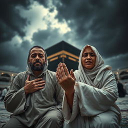 A wide shot of a husband and wife, Didi and Lila, kneeling in front of the towering Ka'bah, which looms in the background under a dark and ominous sky