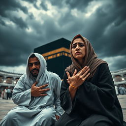 A wide shot of a husband and wife, Didi and Lila, kneeling in front of the towering Ka'bah, which looms in the background under a dark and ominous sky