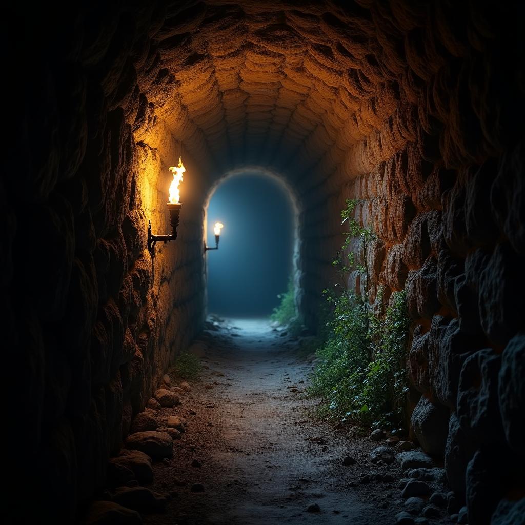 A dimly lit ancient stone tunnel, with rough stone walls and a low ceiling