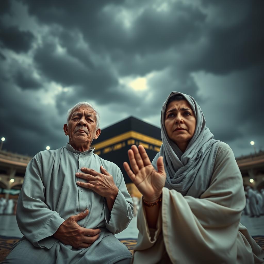 A wide shot of a husband and wife, Didi and Lila, kneeling in front of the towering Ka'bah, which looms ominously in the background beneath a dark and foreboding sky