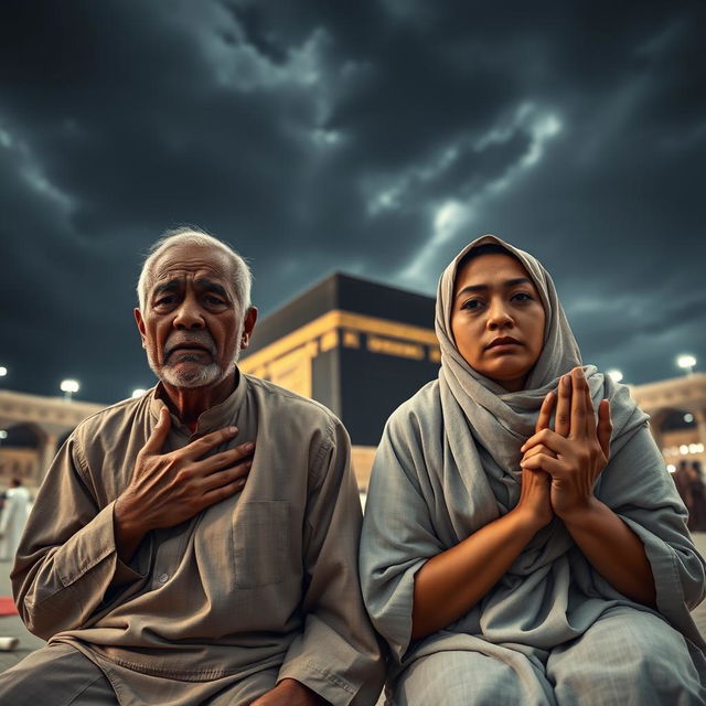 A wide shot of a husband and wife, Didi and Lila, kneeling in front of the towering Ka'bah, which looms ominously in the background beneath a dark and foreboding sky