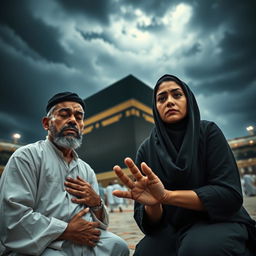 A wide shot of a husband and wife, Didi and Lila, kneeling in front of the towering Ka'bah, which looms ominously in the background beneath a dark and foreboding sky