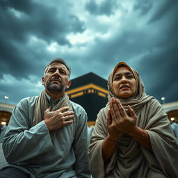 A wide shot of a husband and wife, Didi and Lila, kneeling in front of the towering Ka'bah, which looms ominously in the background beneath a dark and foreboding sky