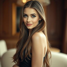 A stunning Russian woman with beautiful long flowing hair and captivating blue eyes, standing confidently with an alluring gaze directed toward the viewer