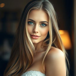 A stunning Russian woman with beautiful long flowing hair and captivating blue eyes, standing confidently with an alluring gaze directed toward the viewer